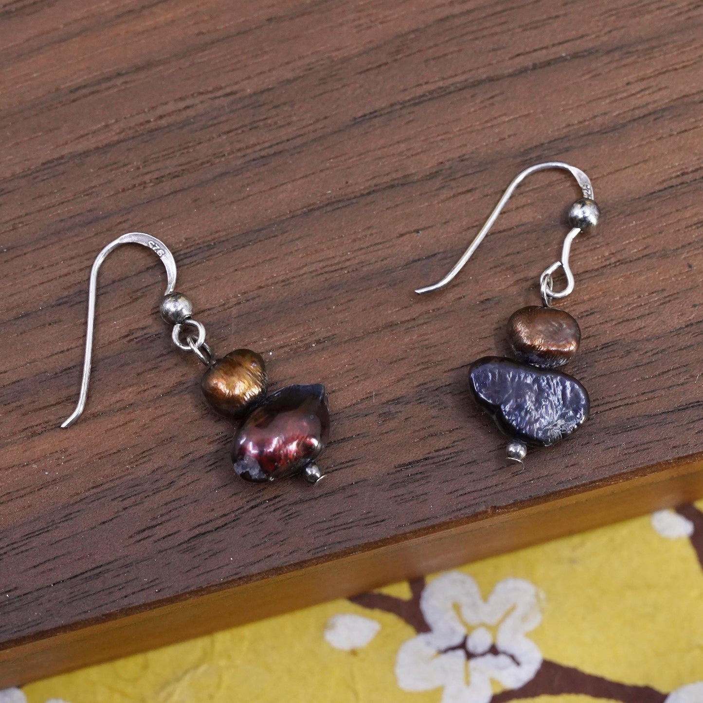 Vintage Sterling 925 silver handmade earrings with black pearl