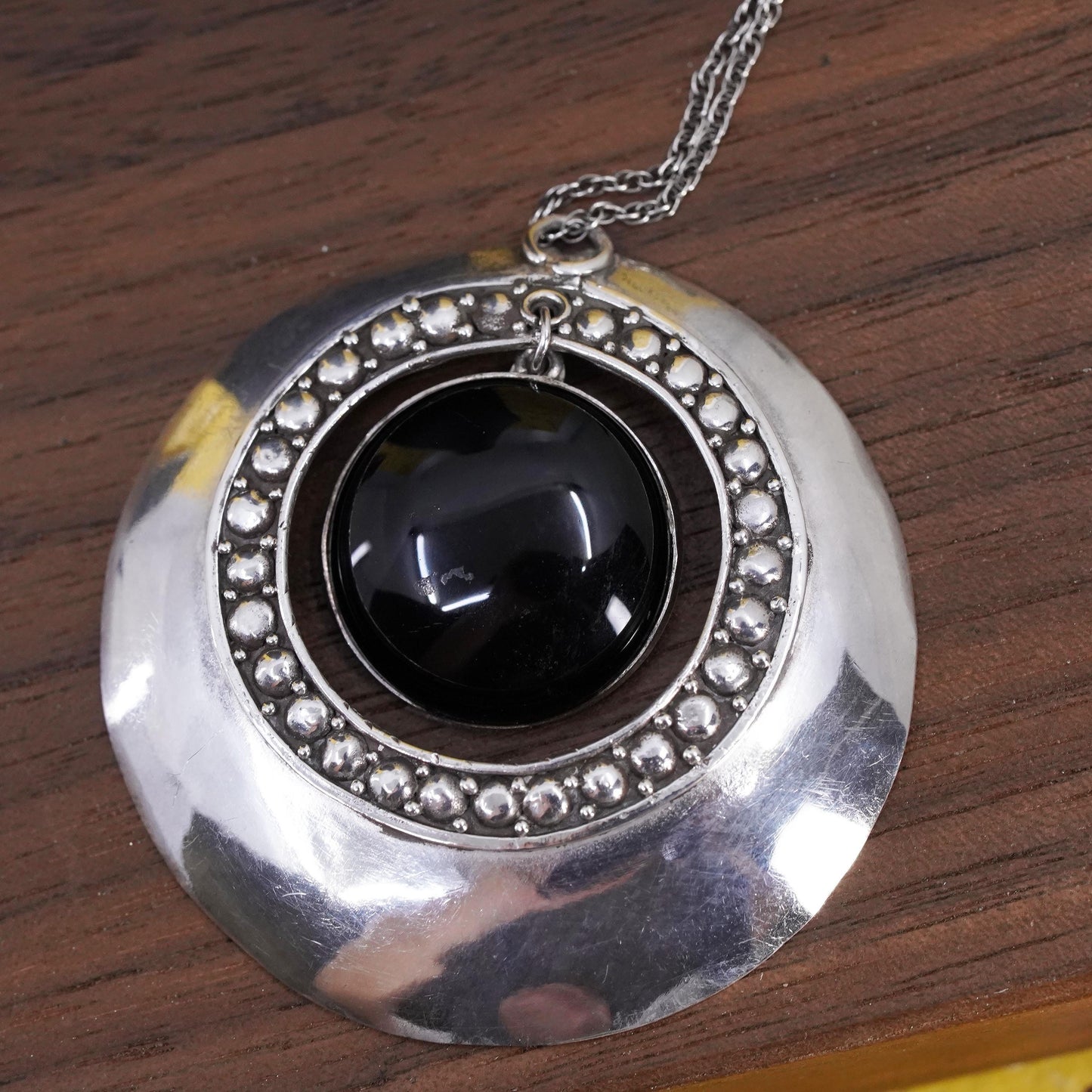 18” sterling silver 925 Singapore rope necklace circle disc pendant onyx