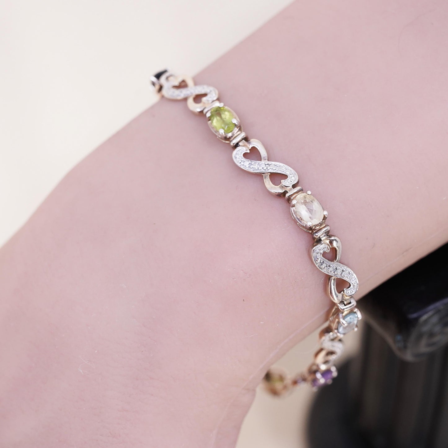 7.5”, vermeil gold sterling 925 silver tennis bracelet, peridot citrine topaz