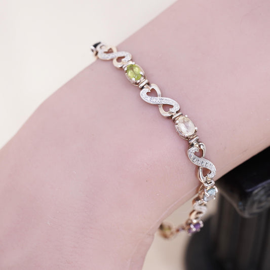 7.5”, vermeil gold sterling 925 silver tennis bracelet, peridot citrine topaz