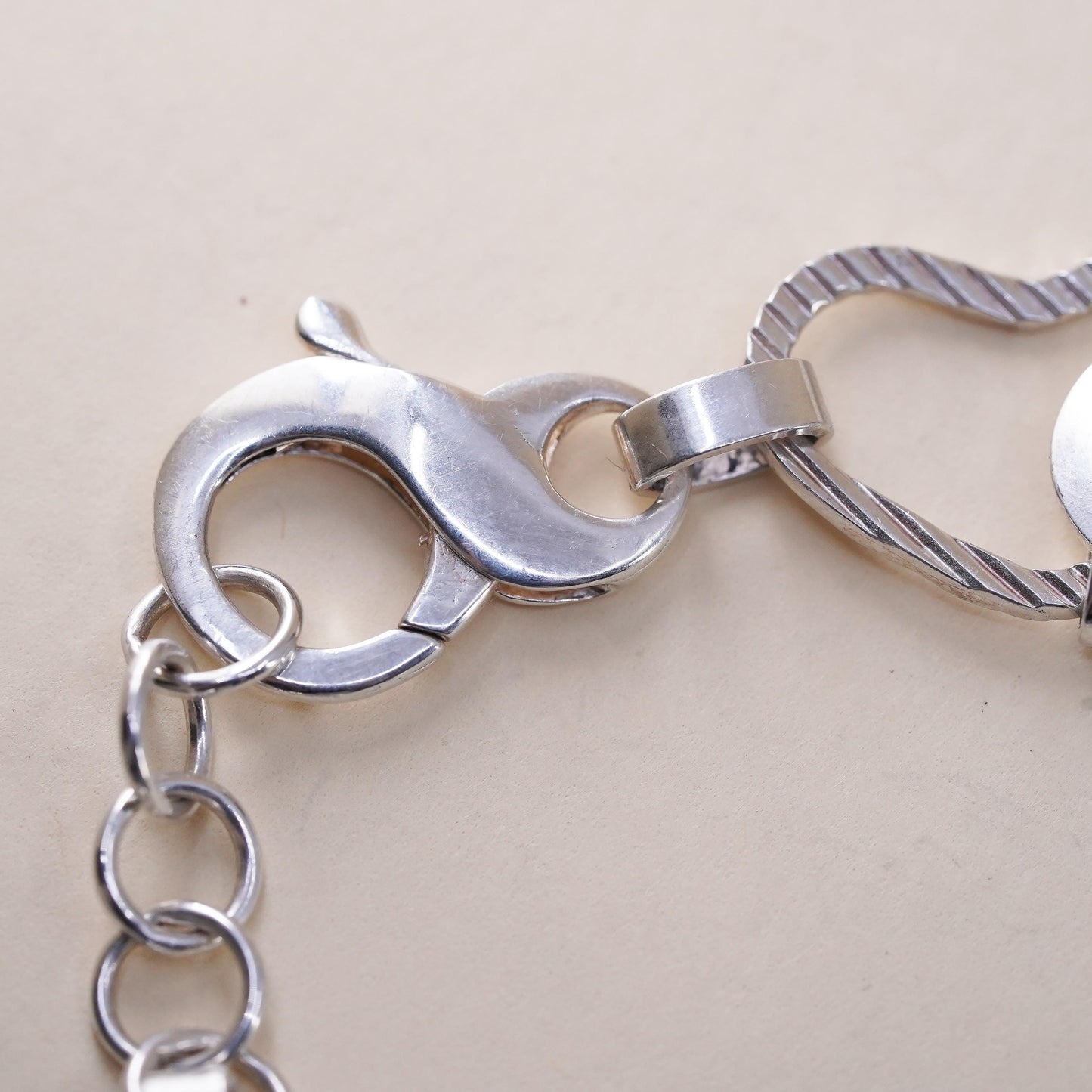 7.75”, Italian sterling silver bracelet, textured huge 925 heart oval chain