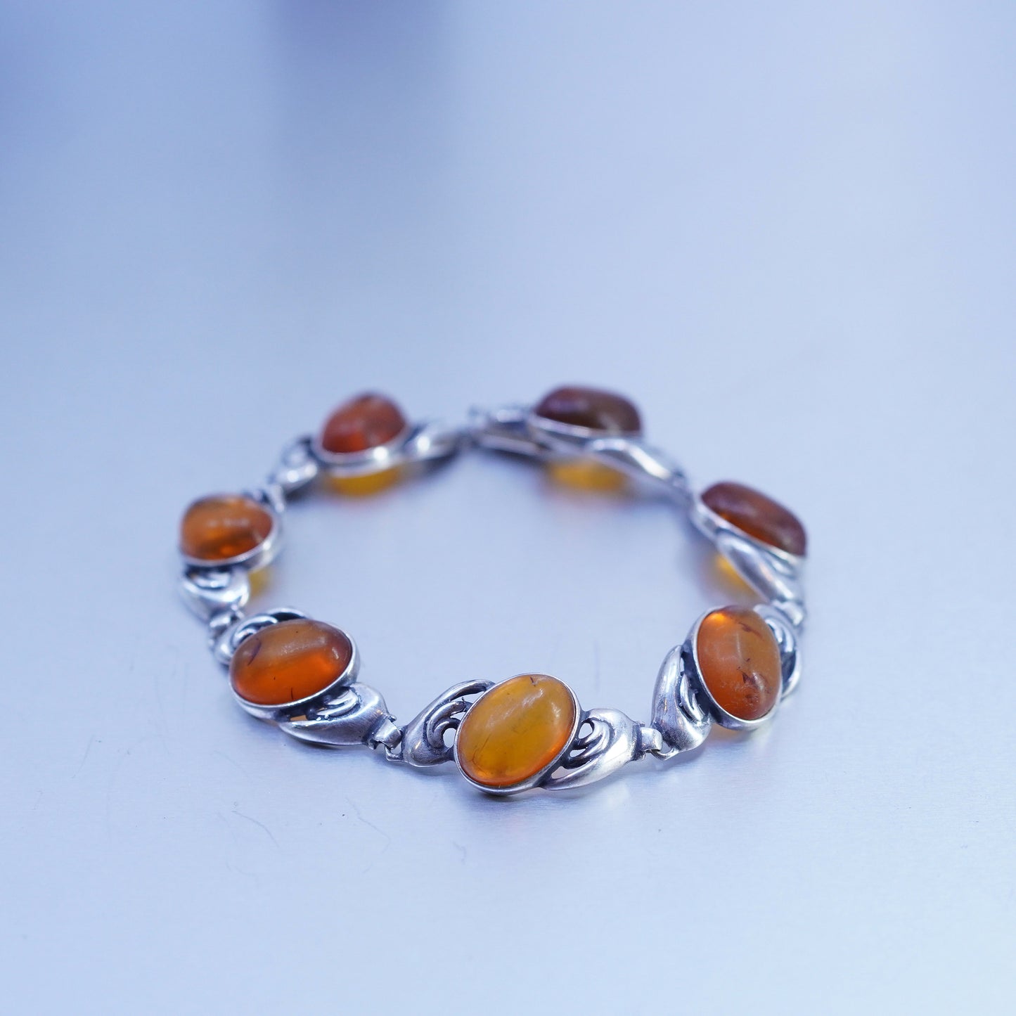 7.75”, Vintage Sterling 925 silver handmade tennis bracelet chain with amber