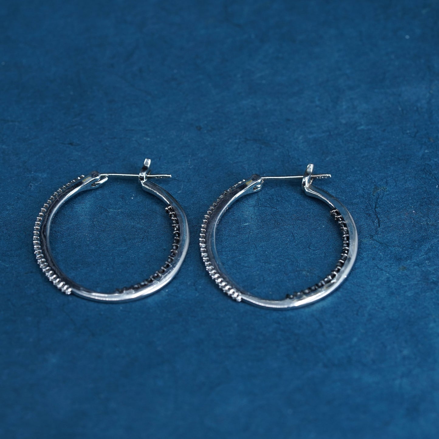 1”, Vintage Sterling silver earrings, 925 hoops, huggie with cluster diamond