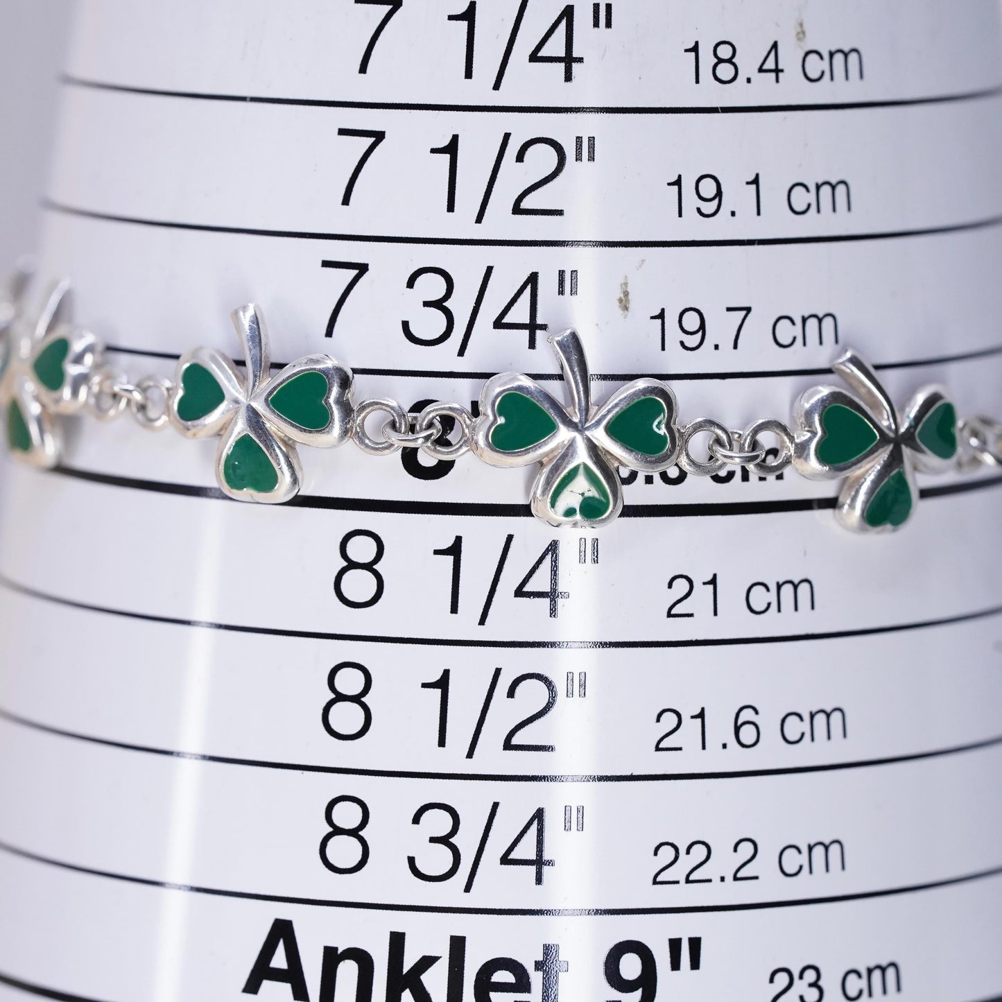 8", Sterling Silver Green Enamel Shamrock Bracelet, Irish Lucky Clover, Jewelry