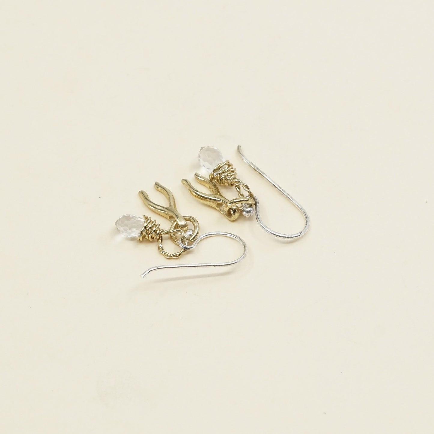 VTG two tone Sterling silver handmade earrings, 925 dangle W/ teardrop crystal