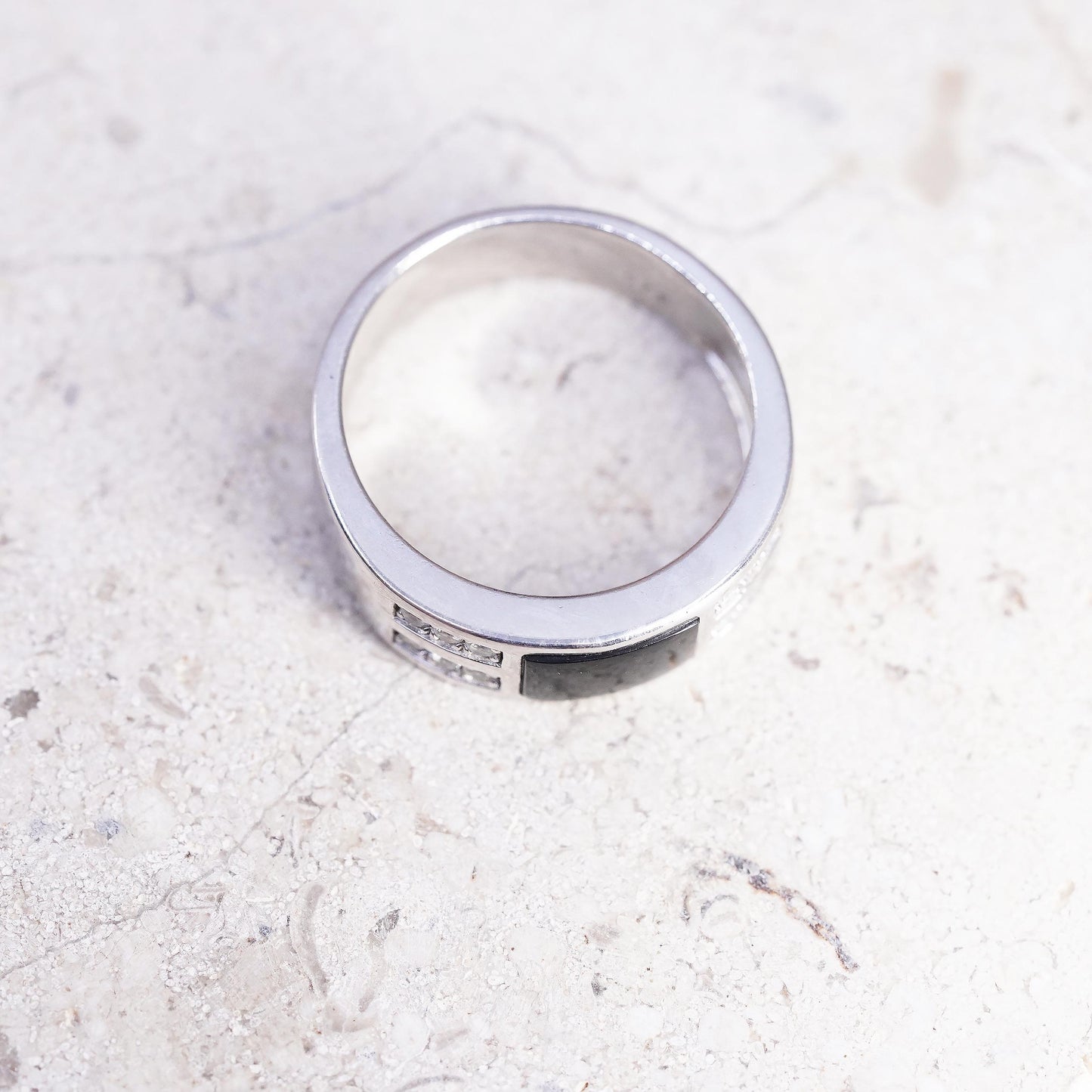 Size 8, 925 Sterling Silver Black Onyx Ring, Men’s CZ Band, Modernist Wide Ring