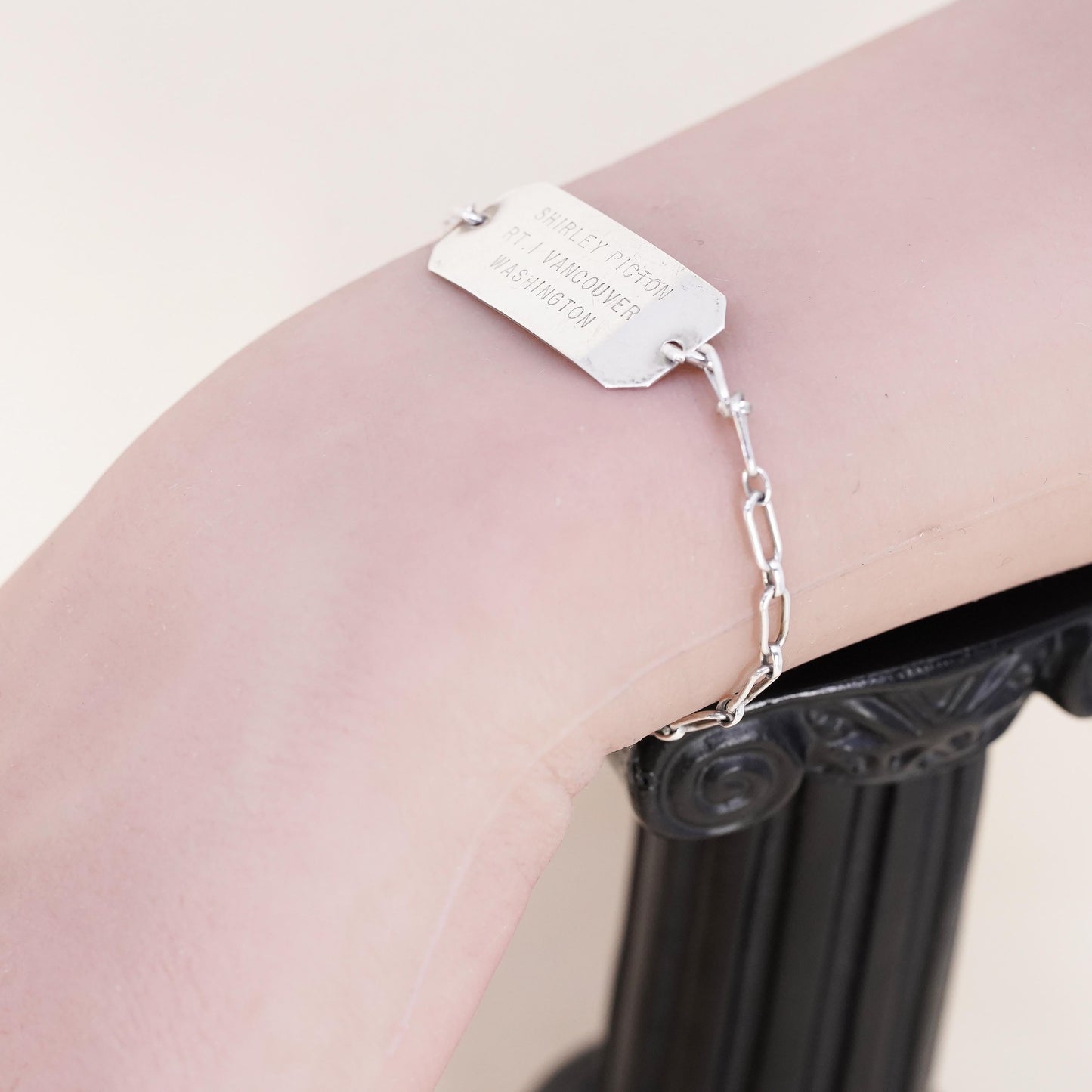 5.5" 3mm, Vintage Monet sterling silver bracelet, 925 elongated chain name tag