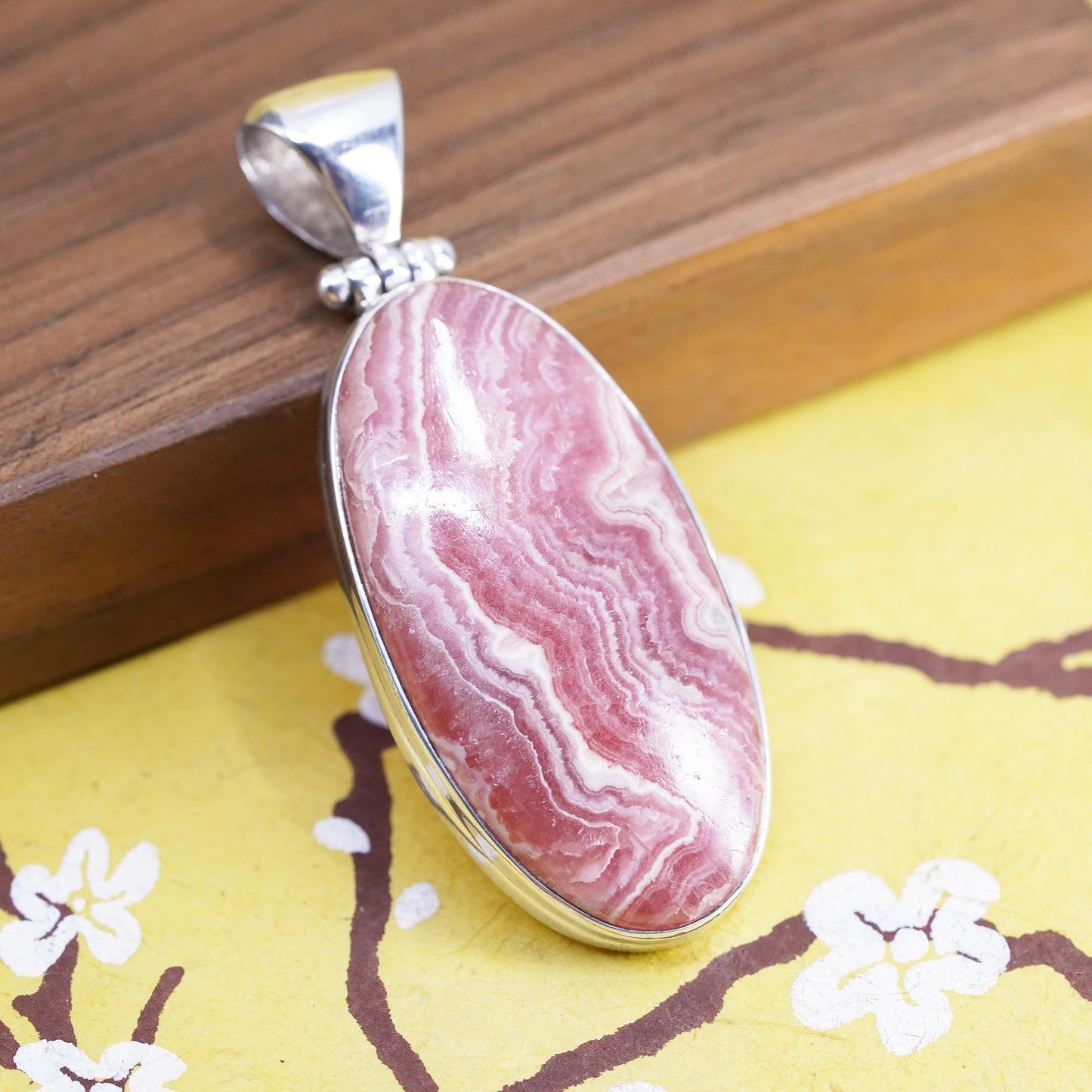 Vintage Sterling 925 silver handmade huge oval pendant with Rhodonite