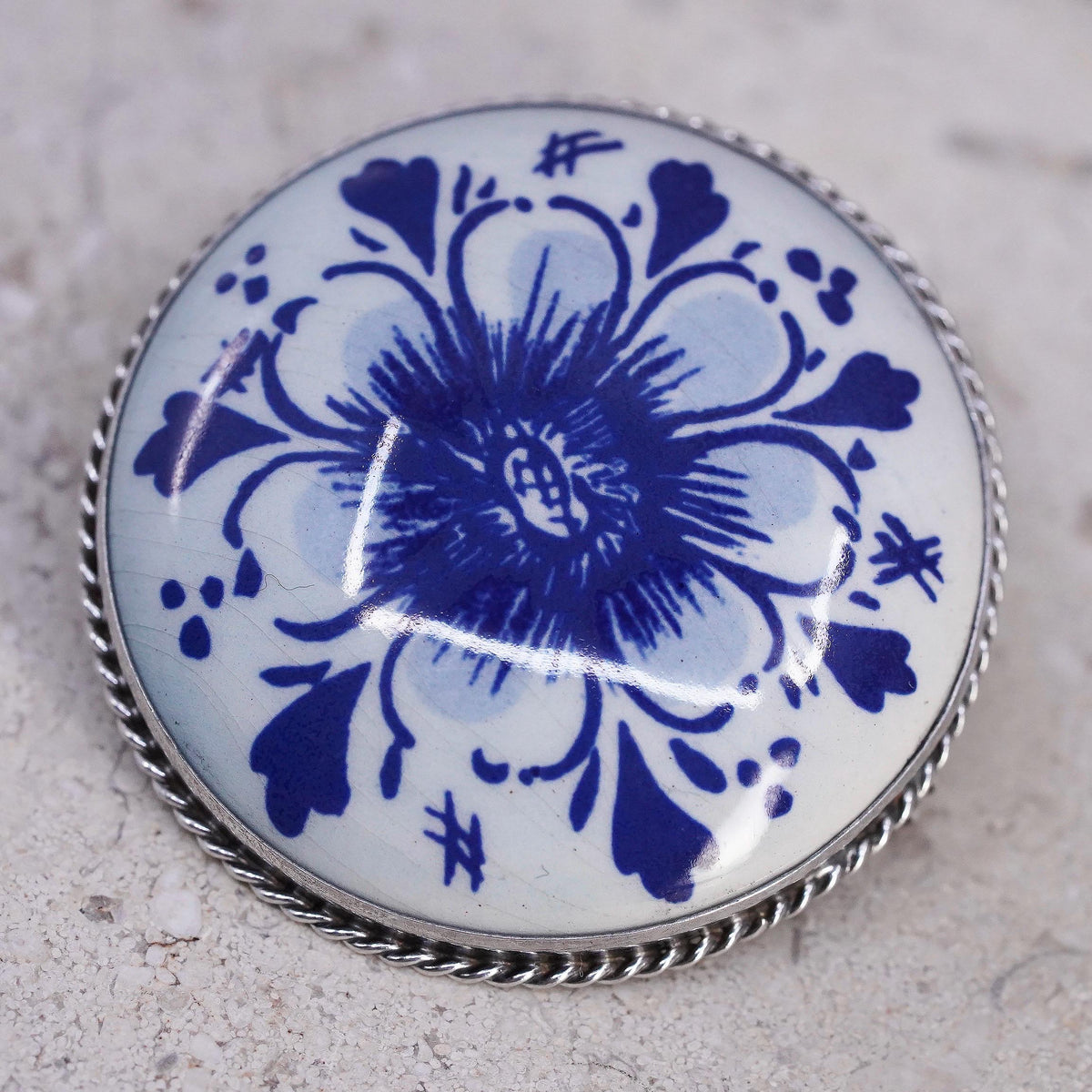 Delft Blue Porcelain Floral Brooch Sterling 925 Silver Hand Painted Dutch Pin