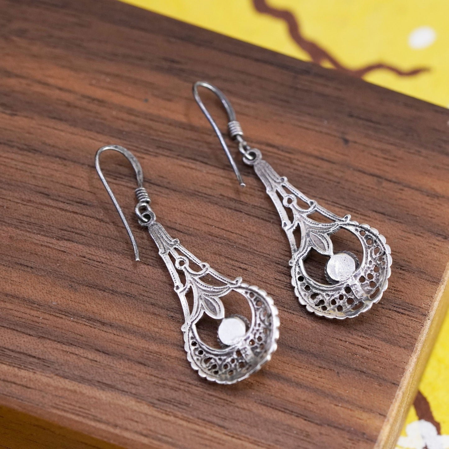 Vintage Sterling silver handmade earrings, 925 Filigree teardrop drops w/ onyx