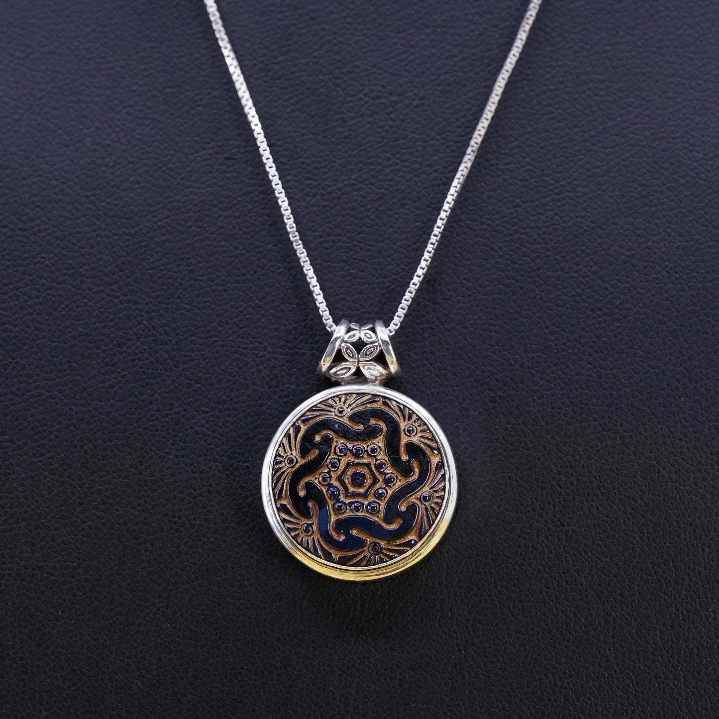 18" Sterling 925 Silver Blue Enamel Mandala Pendant Necklace, Gold Washed, Boho