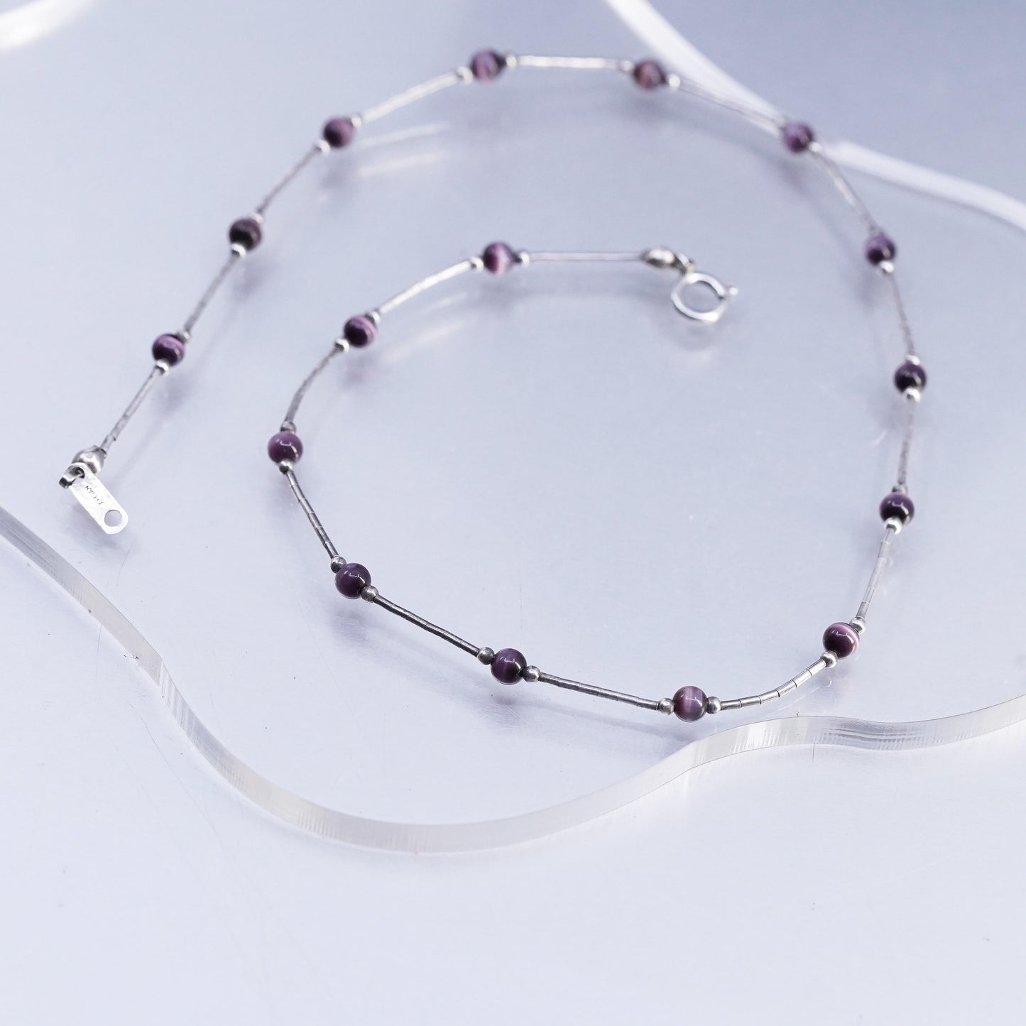 15", Native American Sterling 925 liquid silver necklace purple tiger eye beads