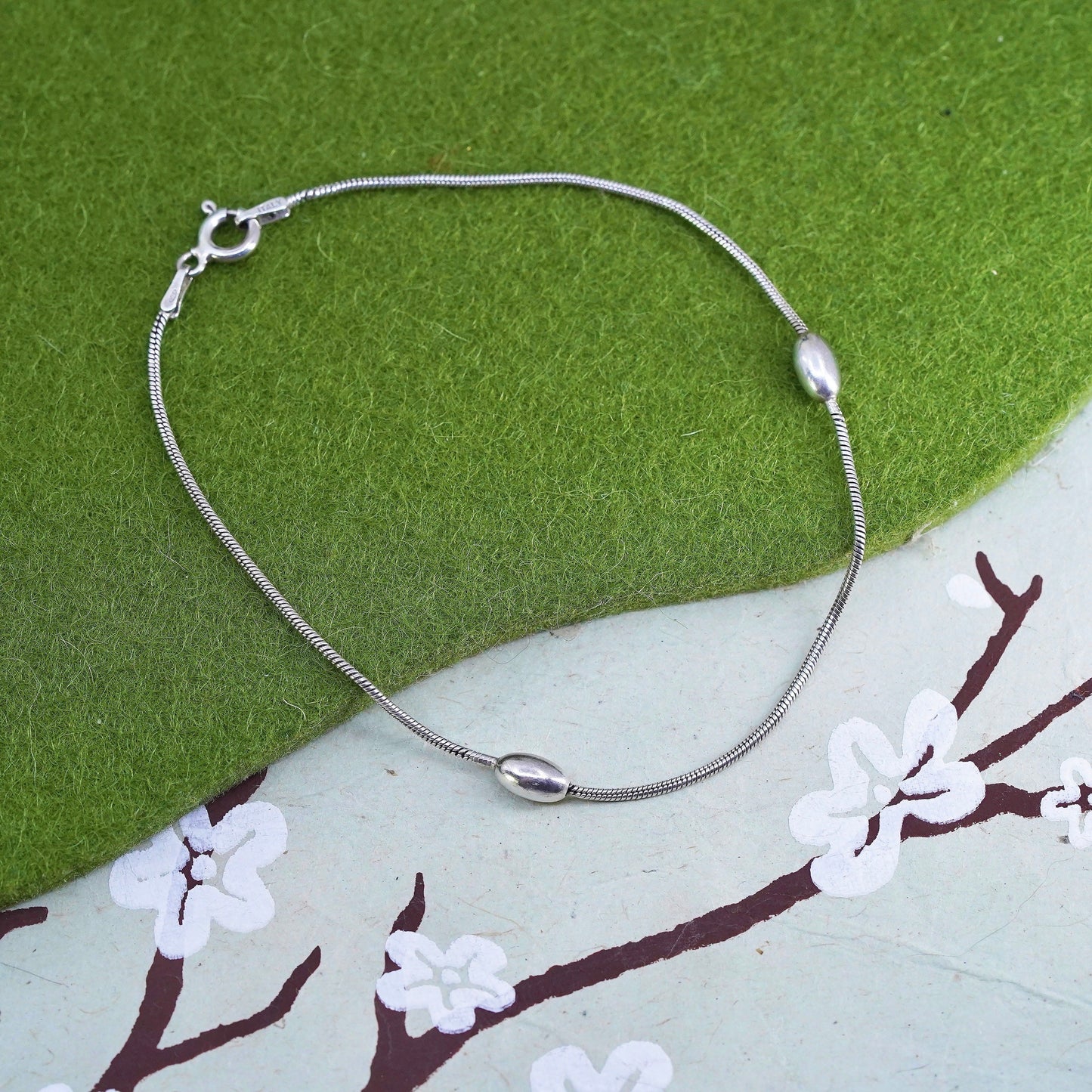7.75”, 1mm, Vintage sterling silver bracelet, 925 snake chain anklet with beads