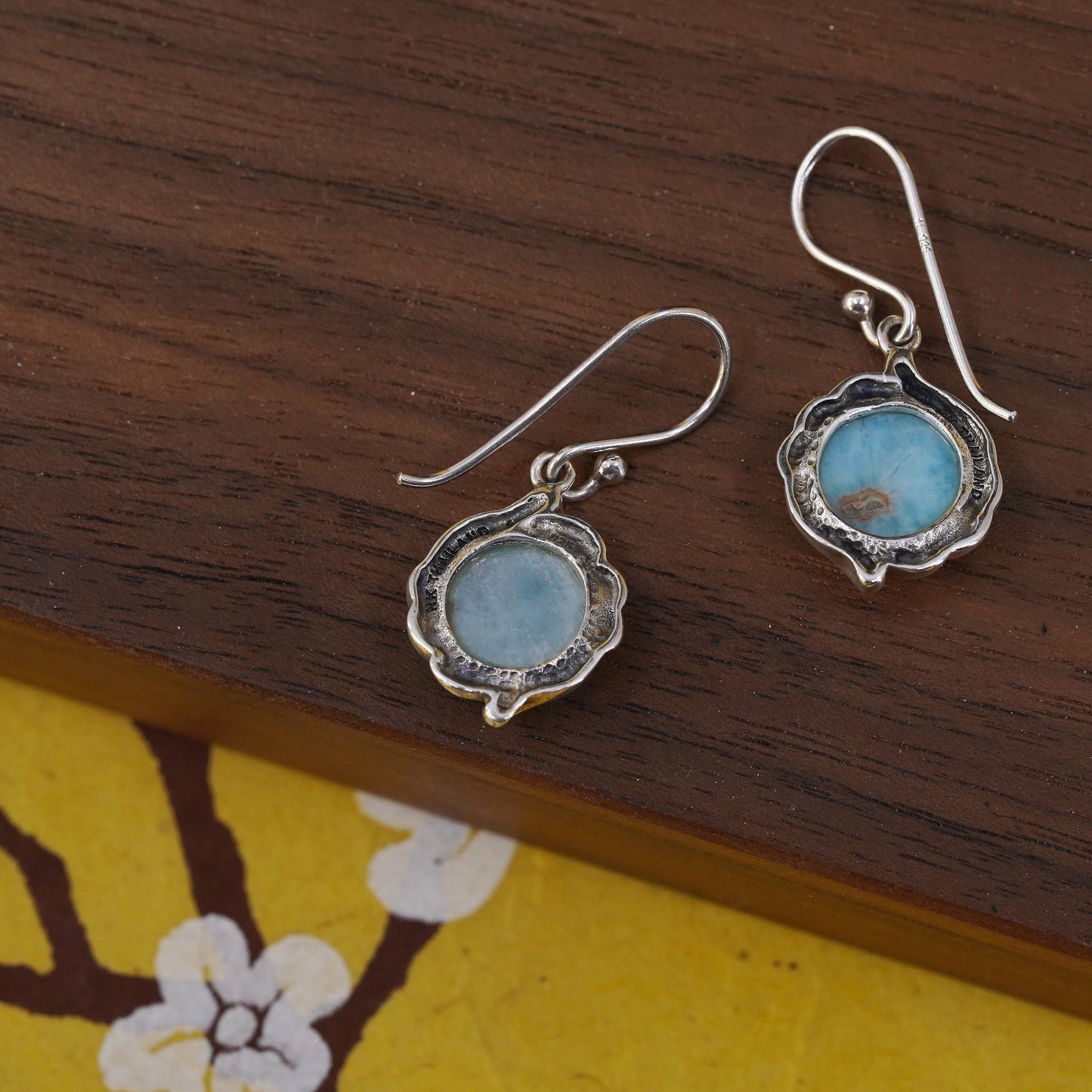 Vintage Sterling 925 silver handmade earrings with round Larimar