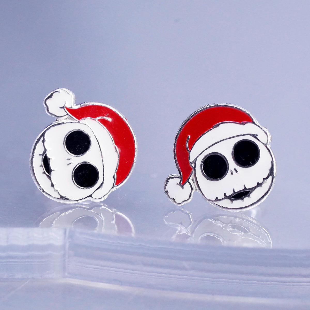 Jack Santa Hat Earrings, Christmas Skeleton Enamel Sterling 925 Silver Studs