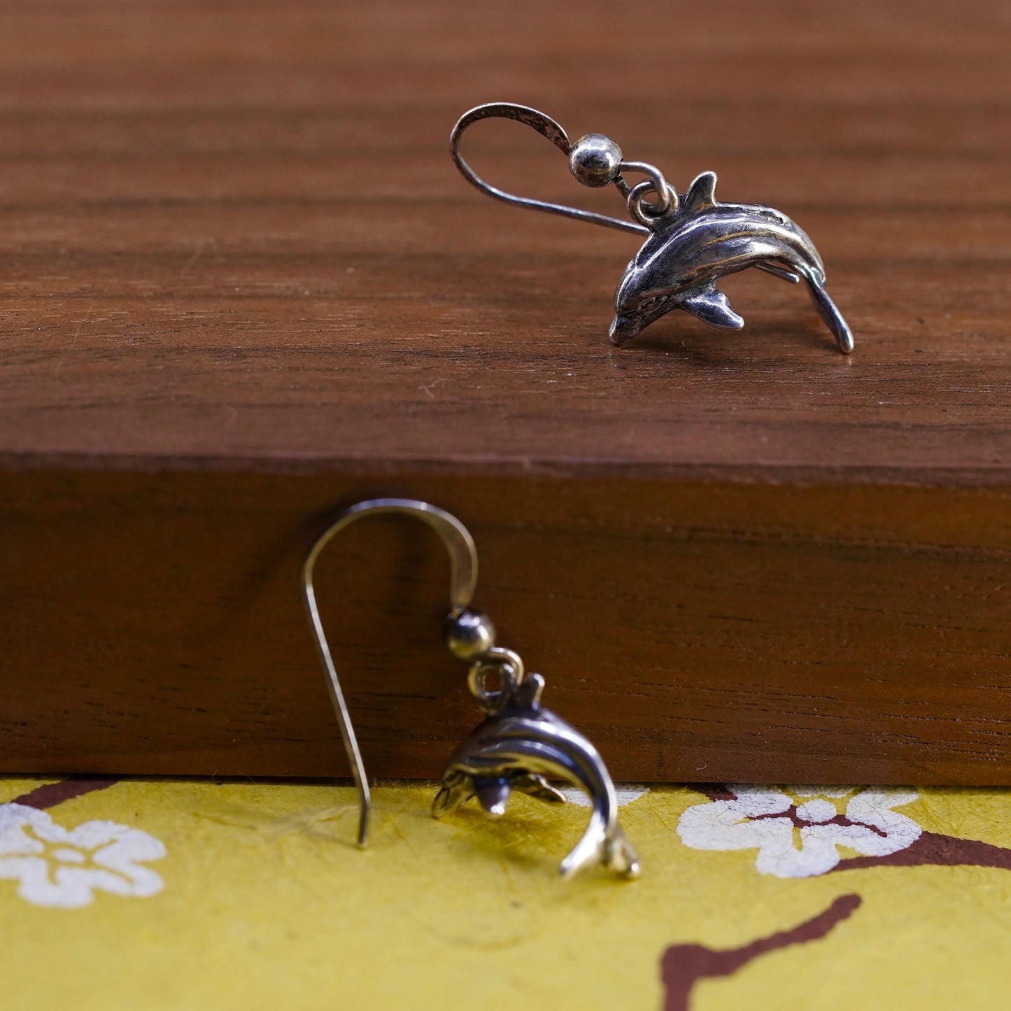 Vintage Sterling silver handmade earrings, 925 dolphin dangles