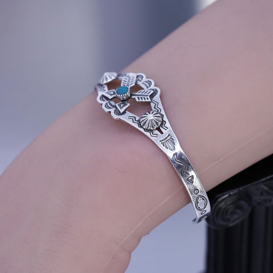 6.25”, Navajo Native American Sterling 925 silver bracelet arrow cuff turquoise