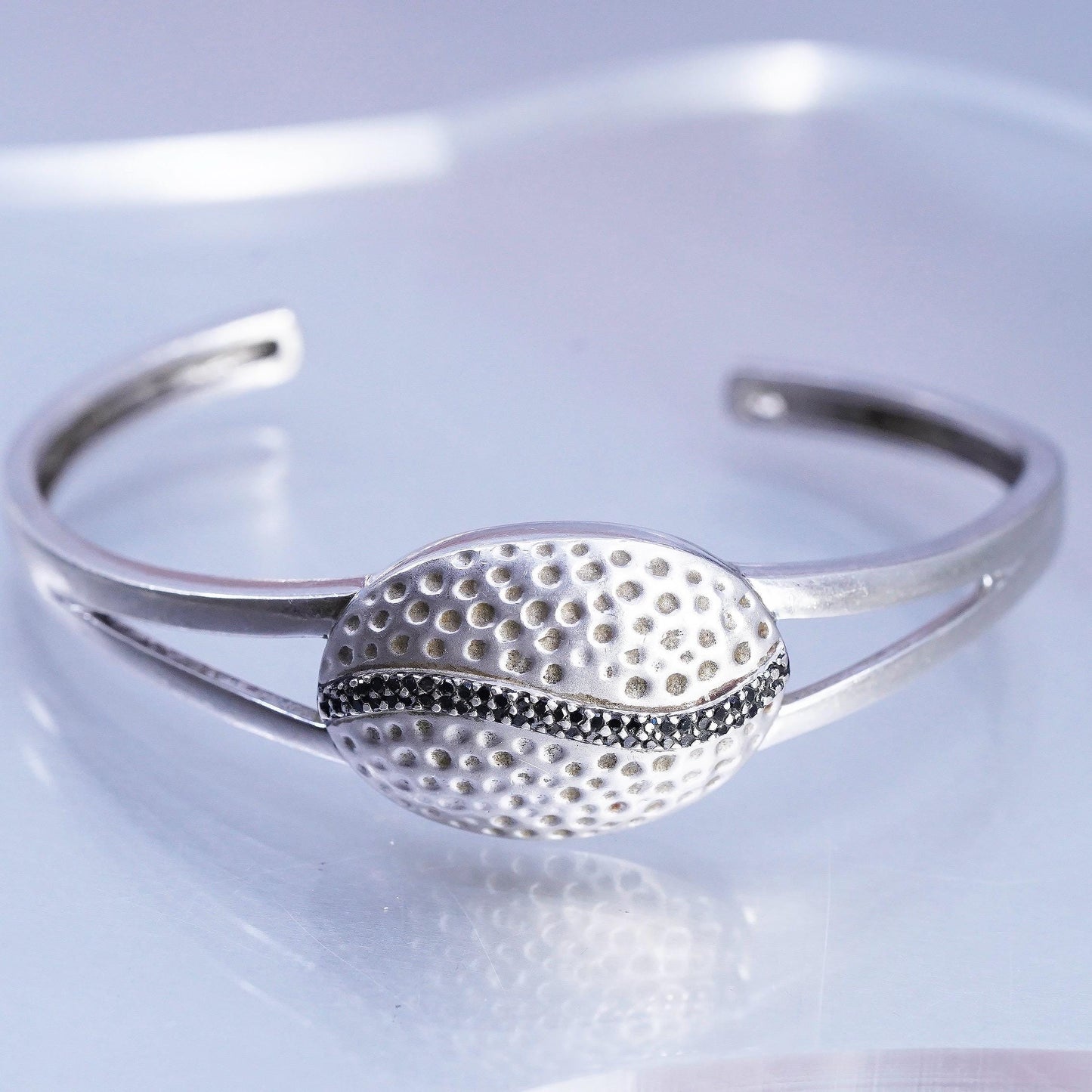 6.75" Vintage 925 Sterling Silver Black Diamonds Cuff Hammered Oval Open Bangle