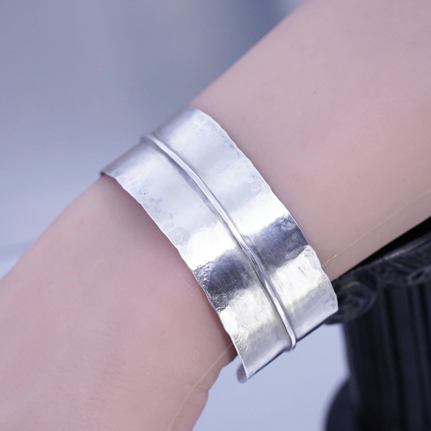 6”, VTG Mexican Sterling 925 silver handmade matte bracelet, wide ribbed cuff