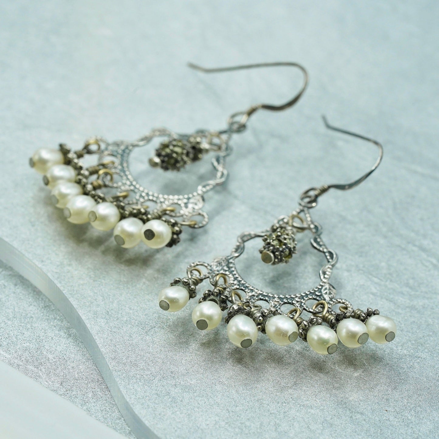 Vintage Sterling 925 silver handmade filigree earrings with cluster pearl
