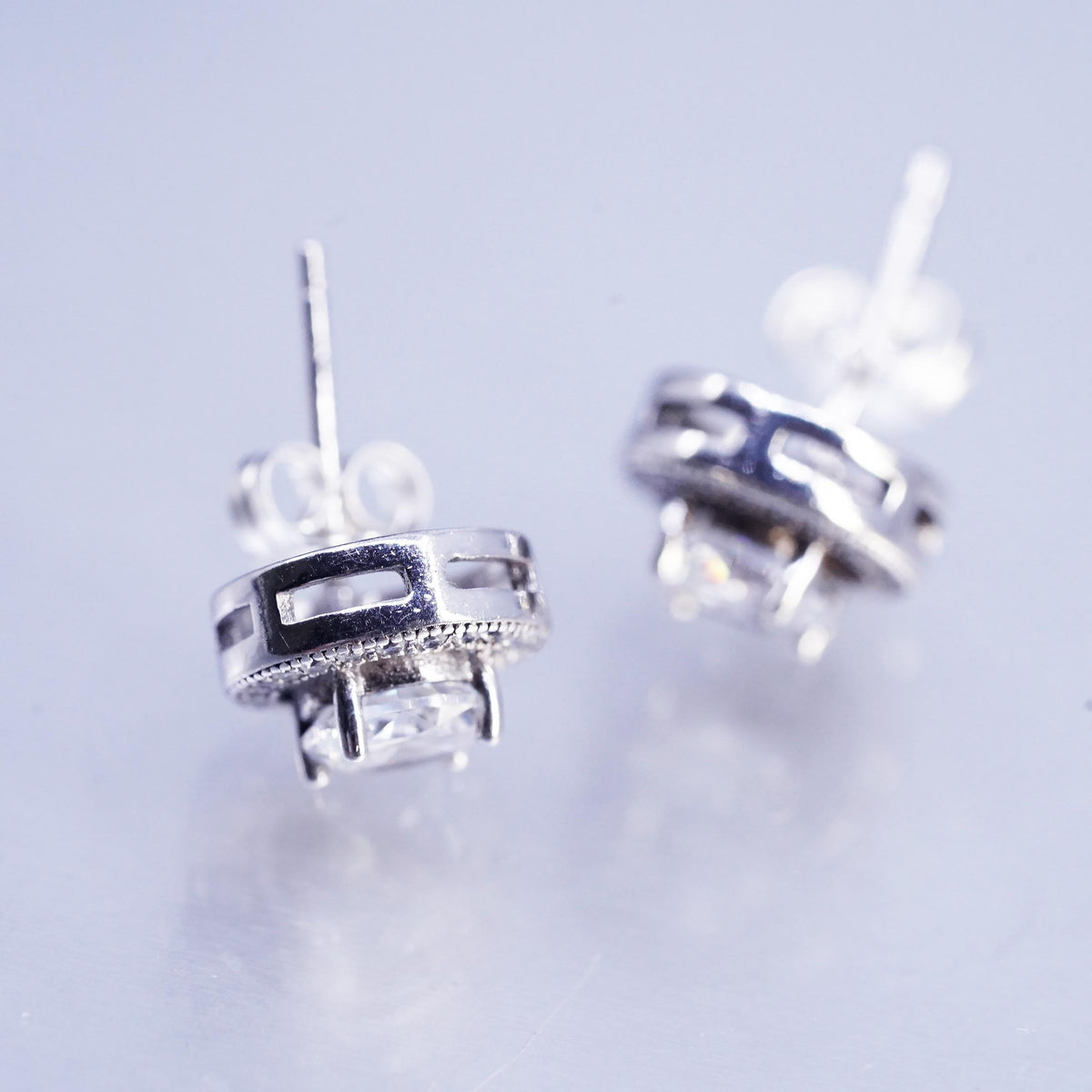 Vintage Sterling 925 silver handmade earrings, circle studs with cluster Cz