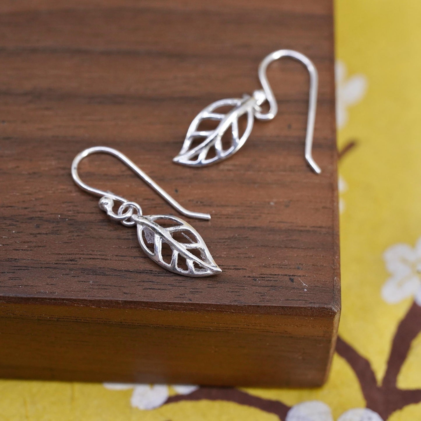 Vintage Sterling silver handmade earrings, 925 leaf dangles