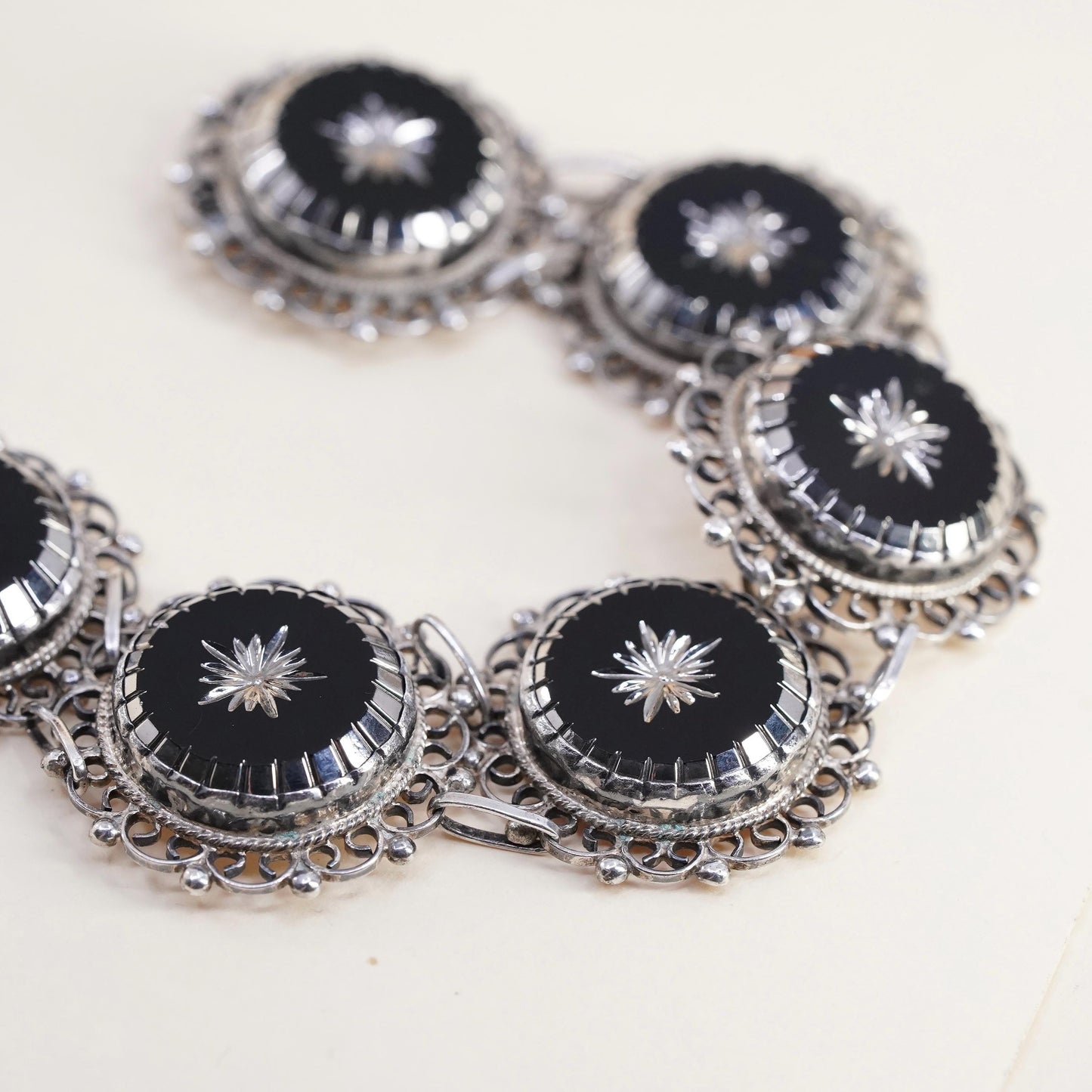 6.5” Mexican Sterling 925 Silver Black Onyx Panel Star Bracelet, Hecho En Taxco