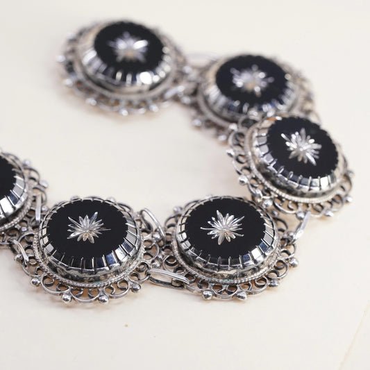 6.5” Mexican Sterling 925 Silver Black Onyx Panel Star Bracelet, Hecho En Taxco