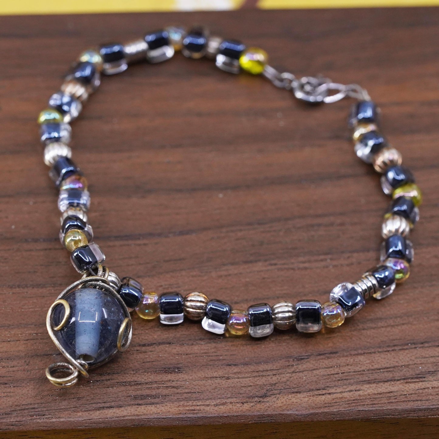 6.25”, sterling silver bracelet, blue glass bead bracelet with 925 silver clasp