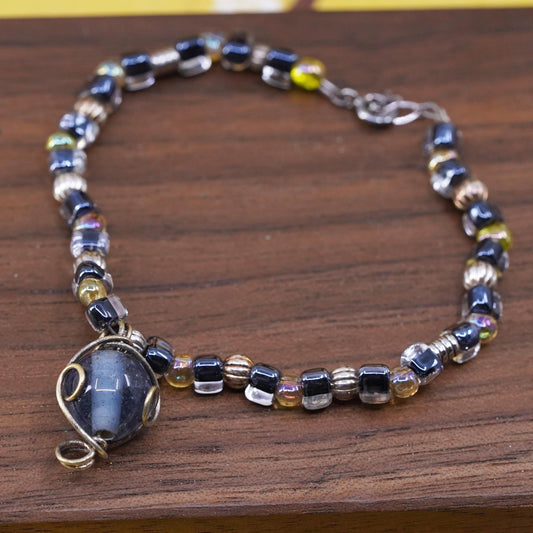 6.25”, sterling silver bracelet, blue glass bead bracelet with 925 silver clasp