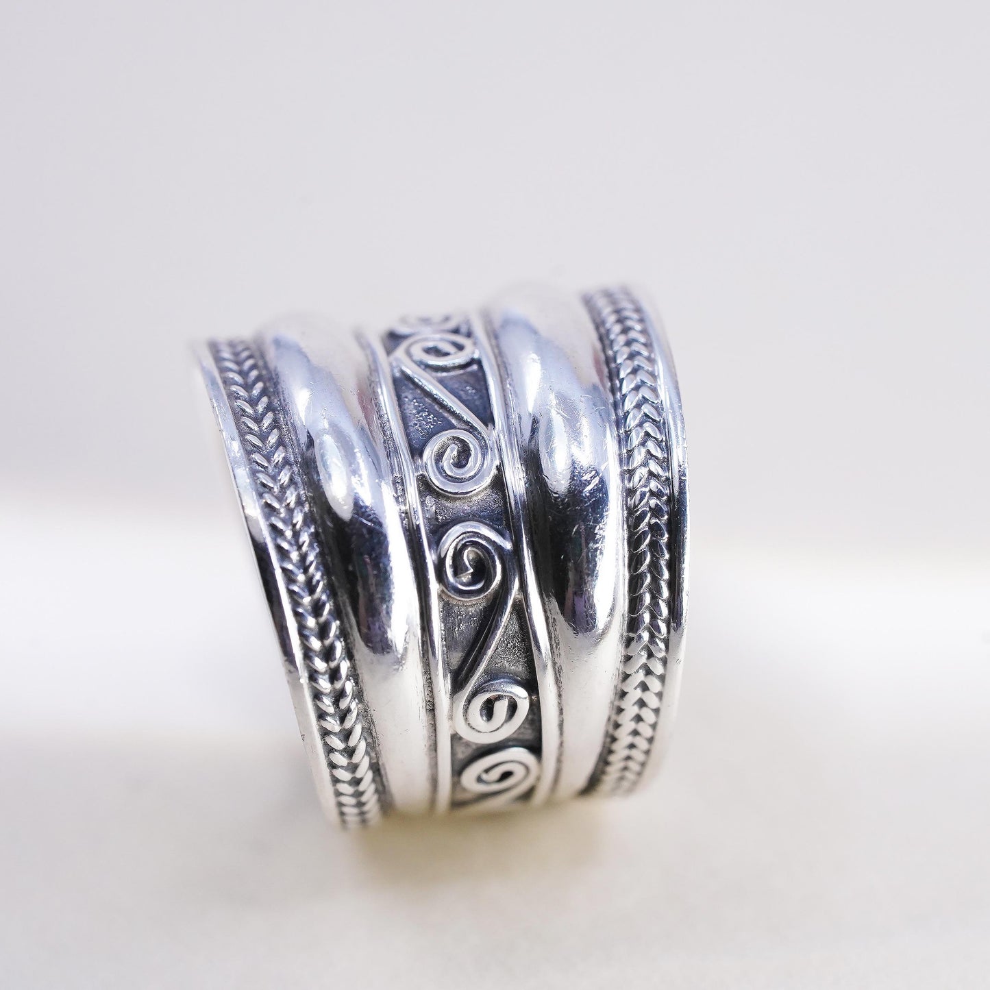 Size 8.5, Wide Sterling Silver Band Ring, Scroll Filigree Ring, Bohemian Unisex