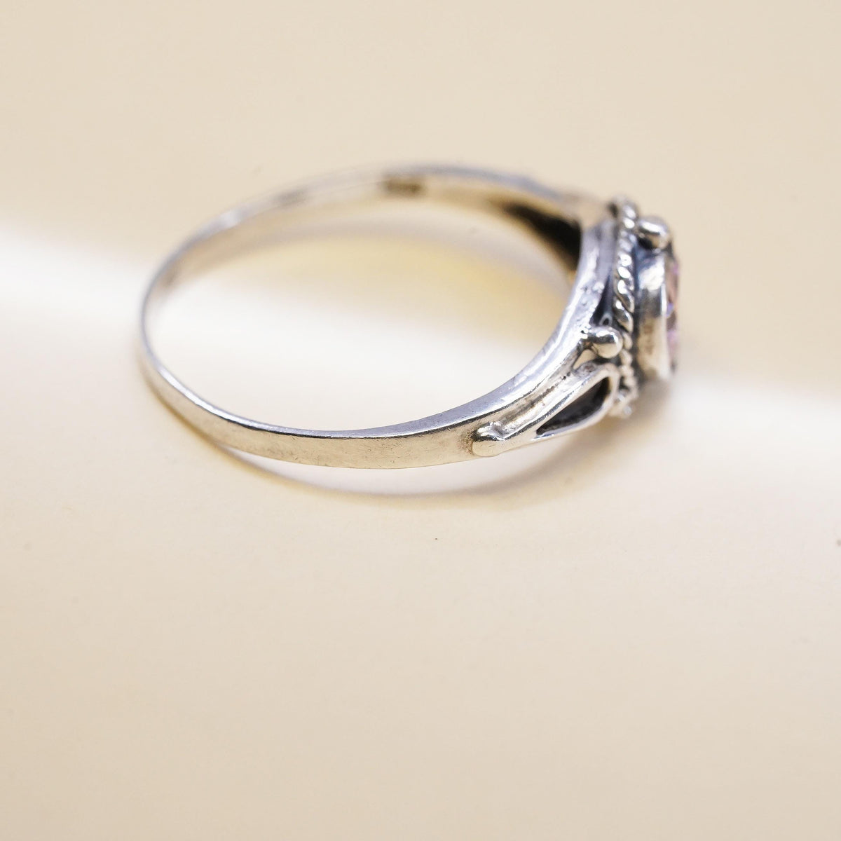 Size 6.25, Vintage sterling silver crystal heart ring, 925 silver pink crystal