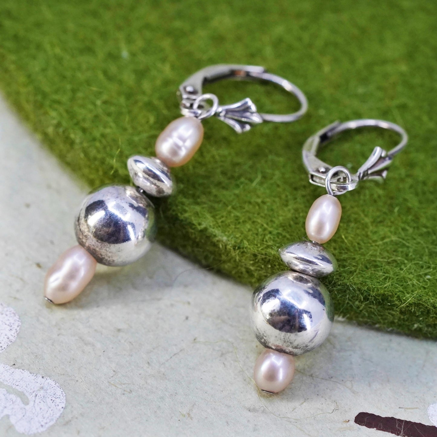 Vintage Sterling silver handmade earrings, 925 hooks with pearl drops and beads
