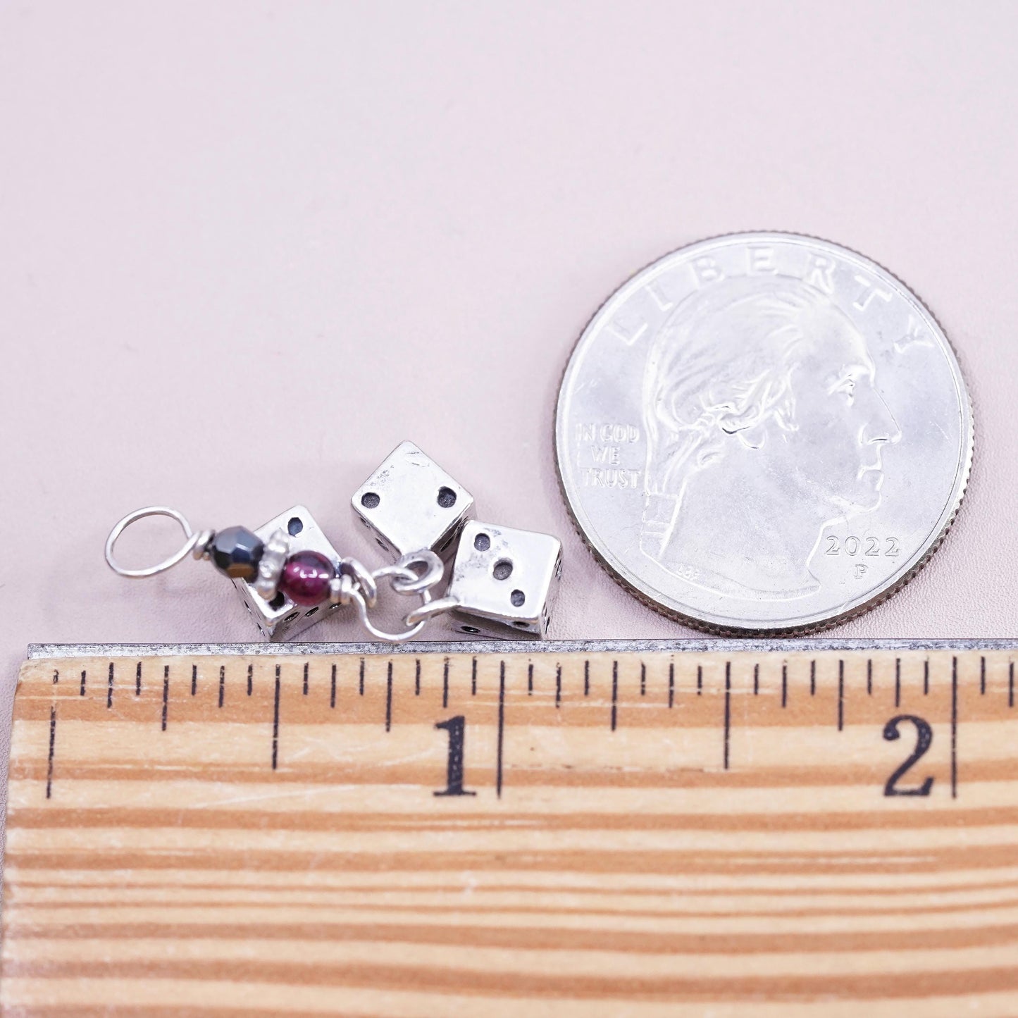 Vintage Sterling silver handmade pendant, 925 3 dice charms