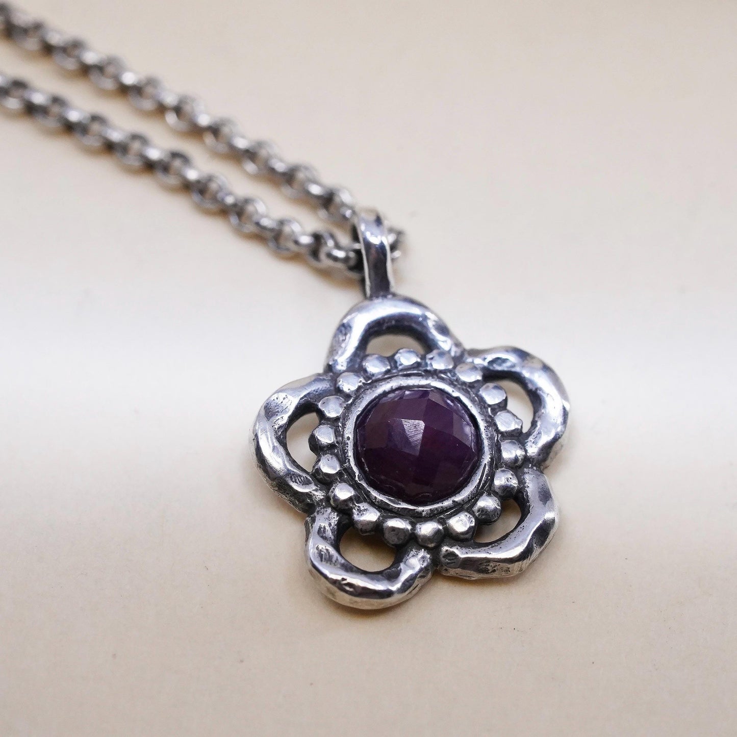 17", sterling silver necklace, 925 round box chain natural ruby flower pendant