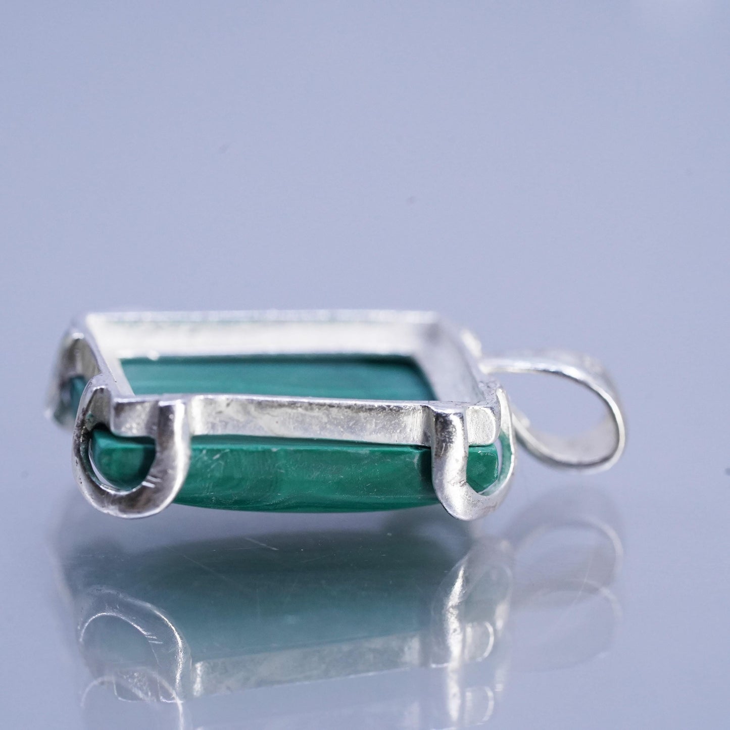 Vintage sterling 925 silver handmade rectangular pendant with malachite