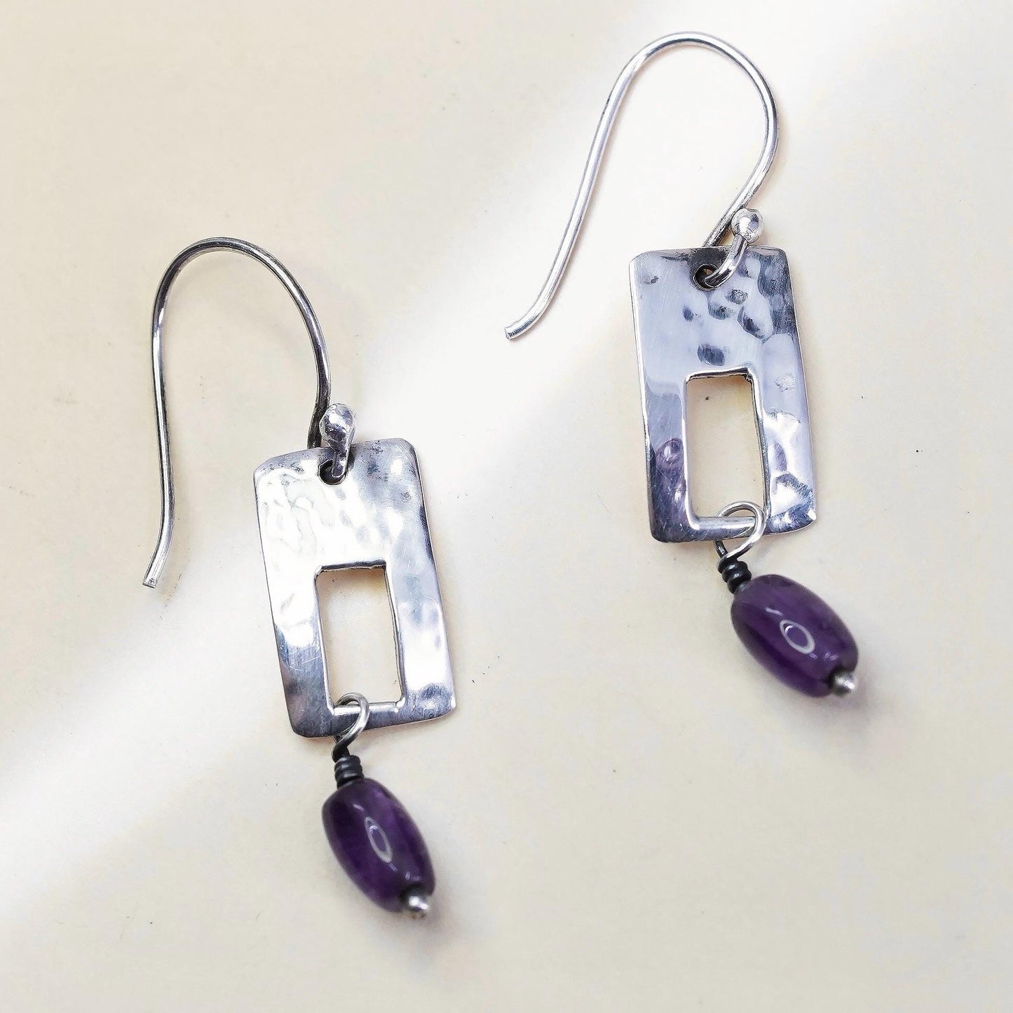 Vintage Far Fetched Sterling 925 Silver Handmade rectangular Earrings amethyst