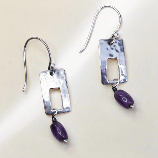 Vintage Far Fetched Sterling 925 Silver Handmade rectangular Earrings amethyst