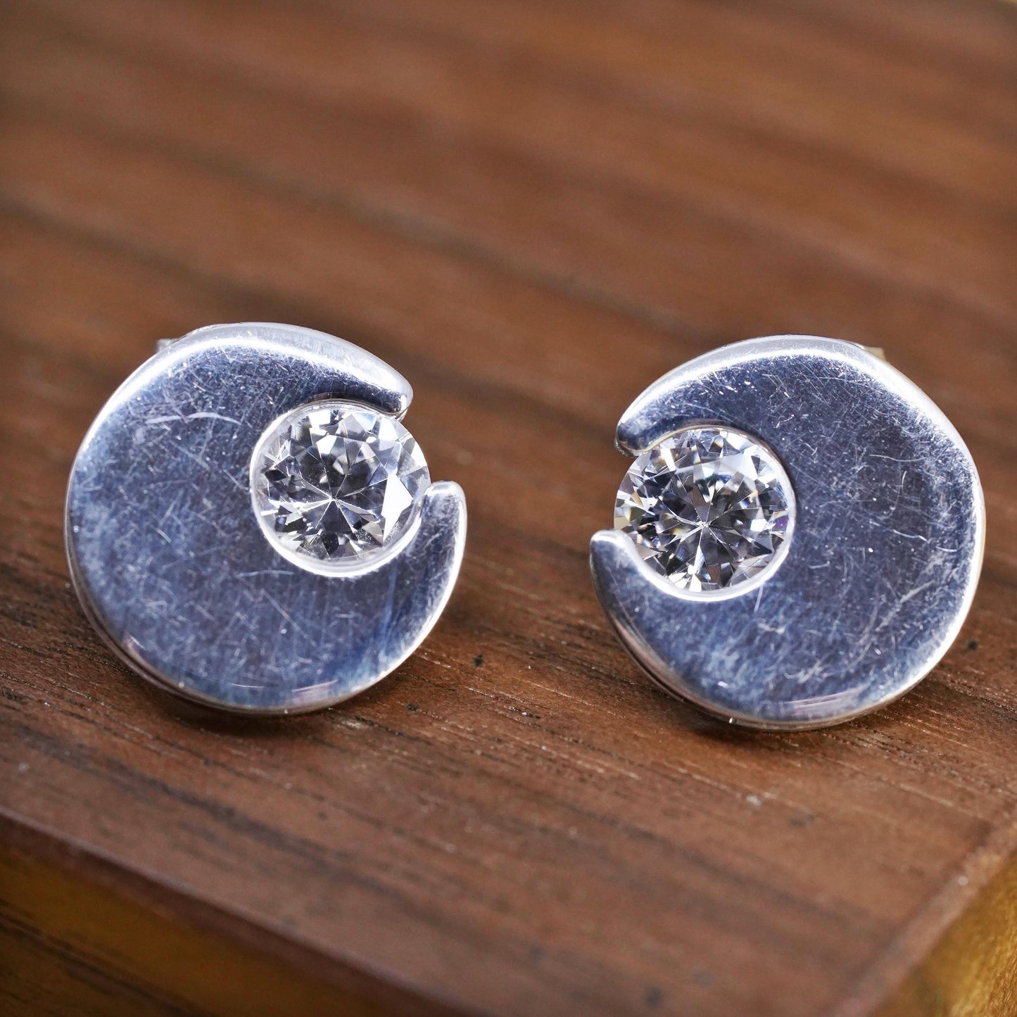 vintage Sterling silver handmade studs, circle moon earrings cz