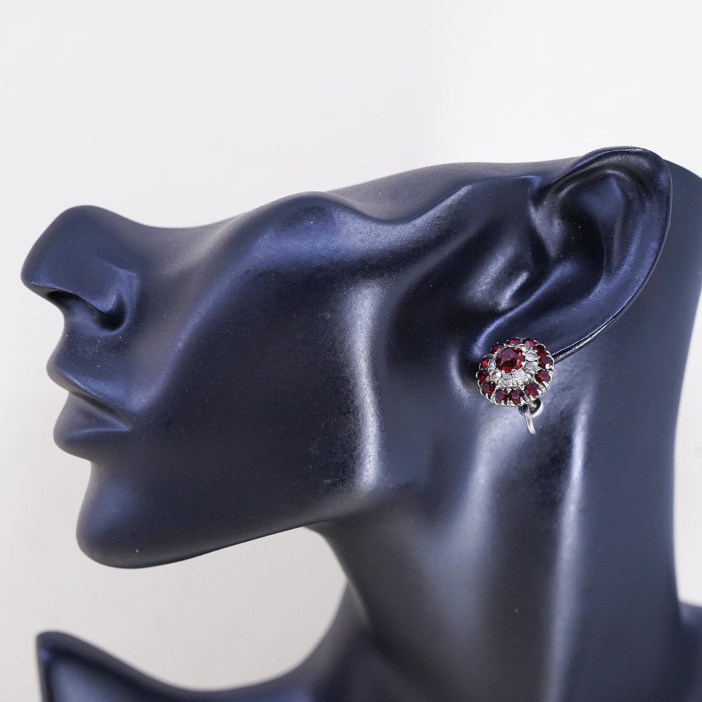 1950s VTG 925 Sterling Silver Garnet Red Rhinestone Screw Back Earrings, Retro