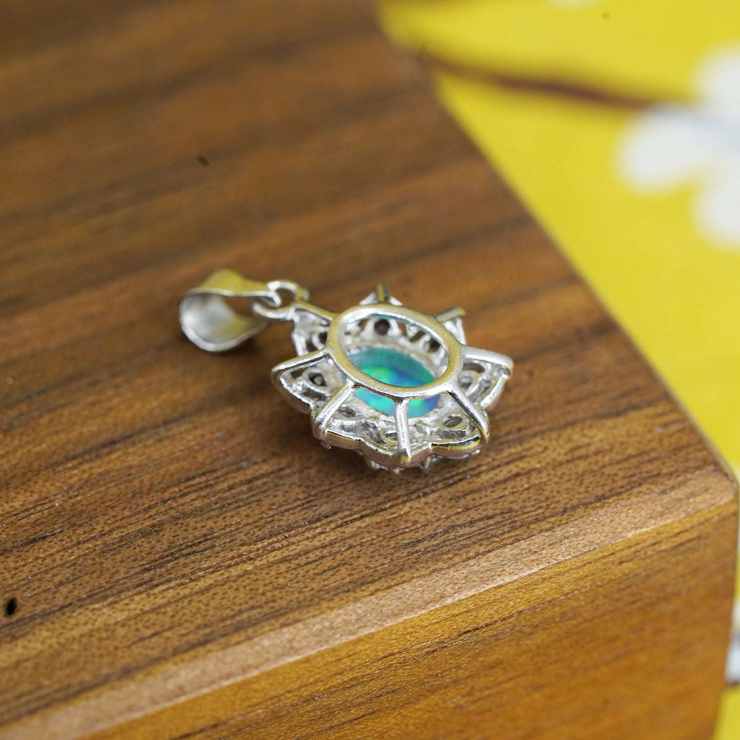 Vintage Sterling 925 silver handmade oval pendant with opal and cz