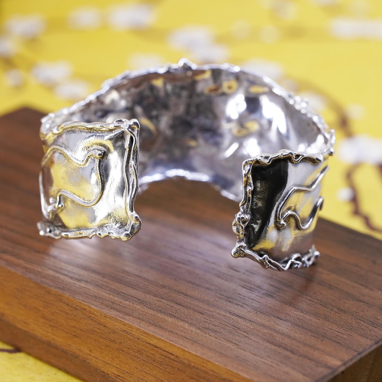 6.5", Vintage Sterling silver handmade bracelet, 925 wide cuff hammered texture