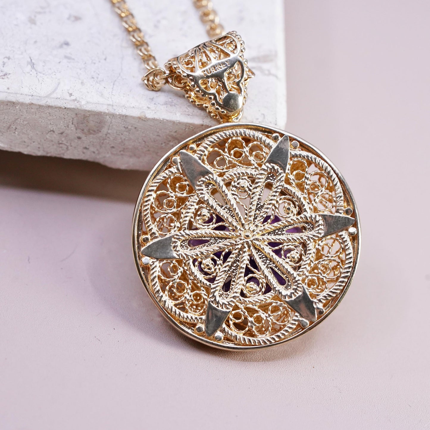 36" Turkey gold tone Sterling 925 silver necklace amethyst filigree pendant