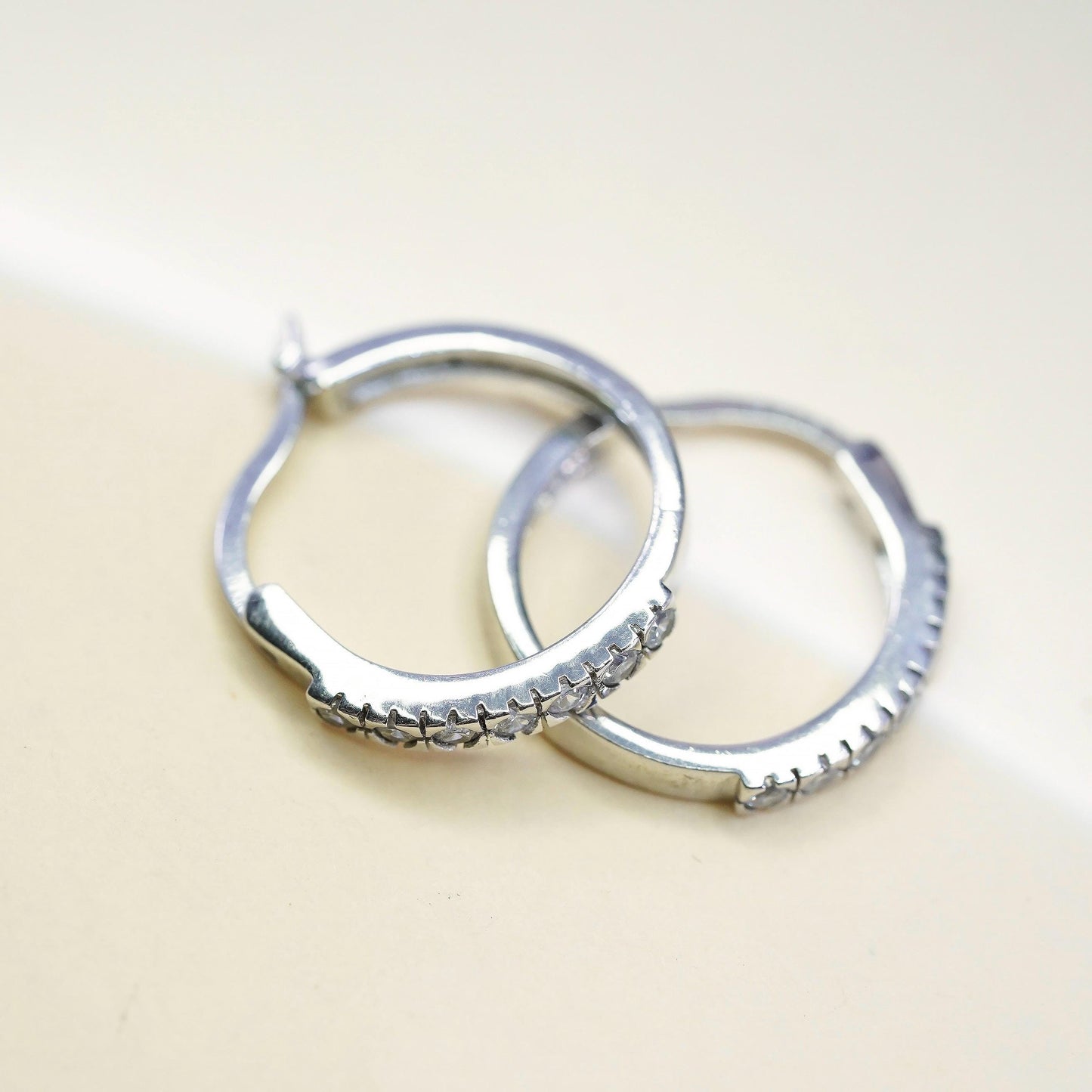 0.75”, Vintage Sterling silver minimalist earrings, 925 huggie hoops with cz