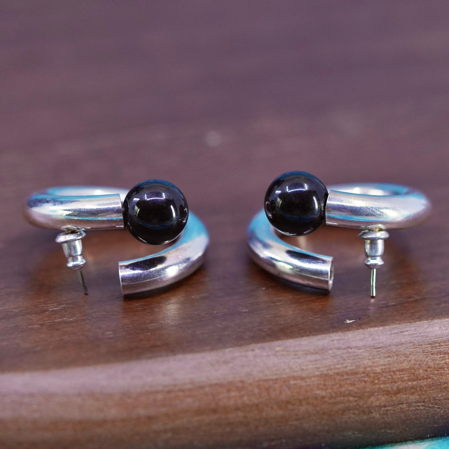 1”, Sterling silver handmade circle earrings, 925 circle studs with onyx bead