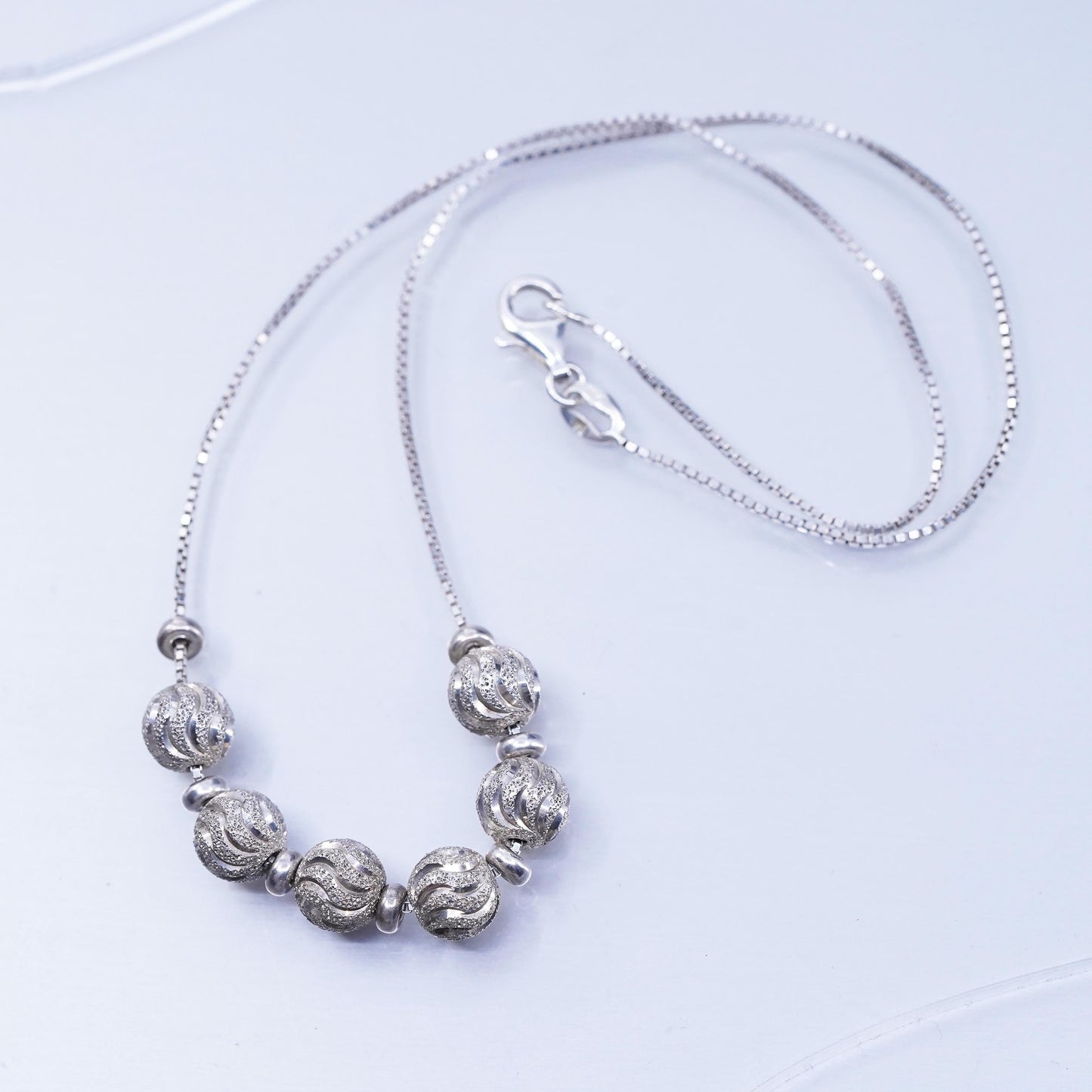 16” Italian Sterling 925 silver box chain necklace with textured beads pendant