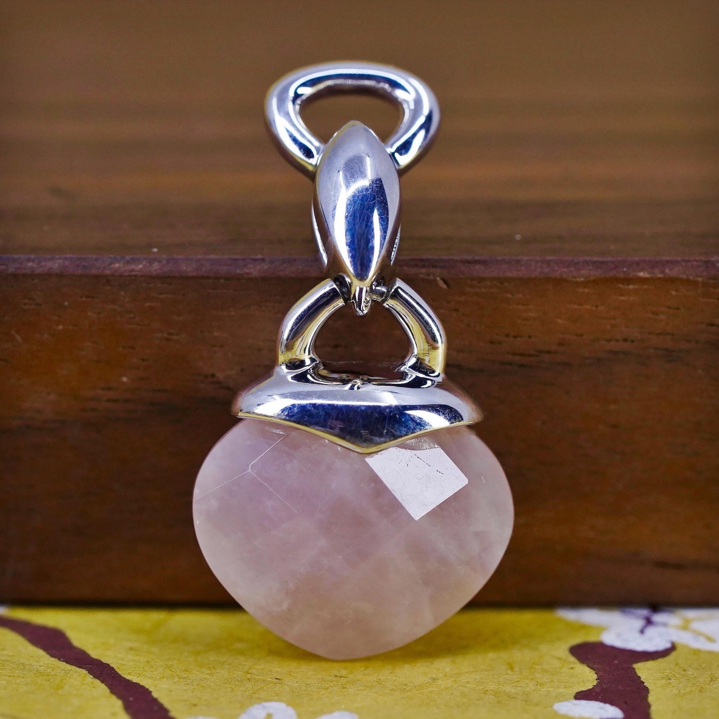 VTG Elle Sterling 925 silver handmade pendant w/ heart pink rose quartz ruby