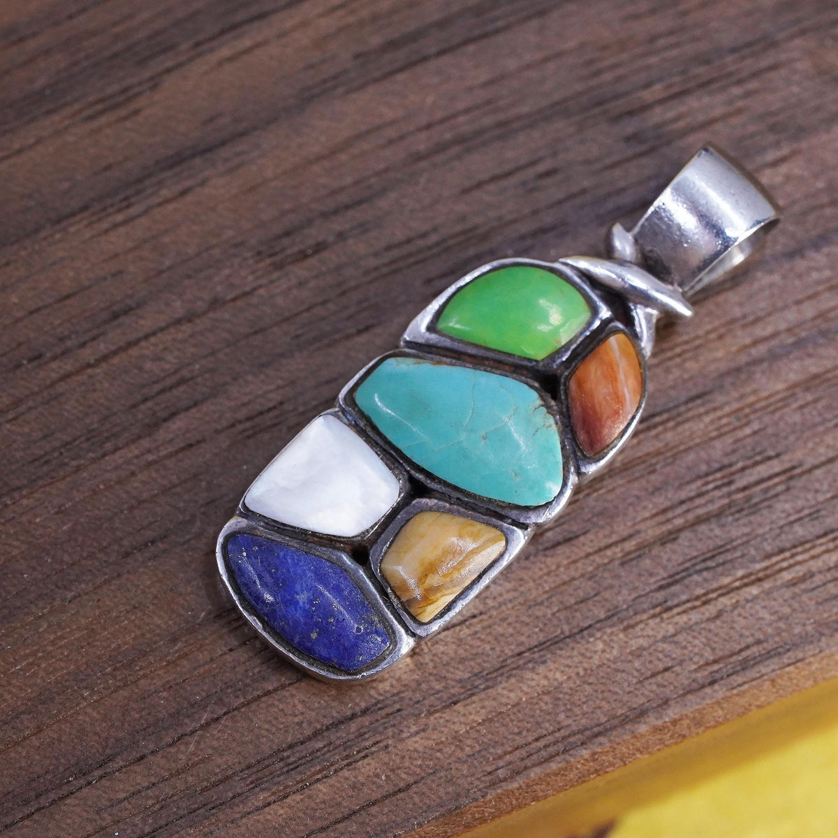 Vintage Sterling Silver 925 Multi Stone Turquoise Lapis Mother of Pearl Pendant