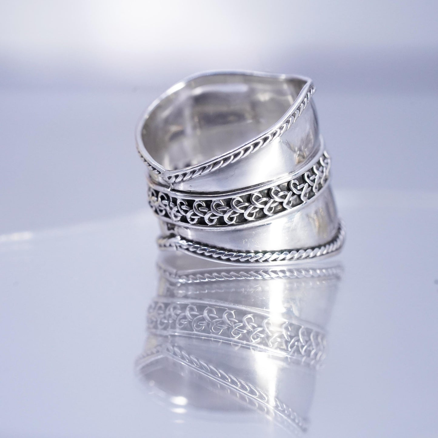 Size 9.5, Vintage Sterling Silver Wide Ring cable, Boho Statement 925 band