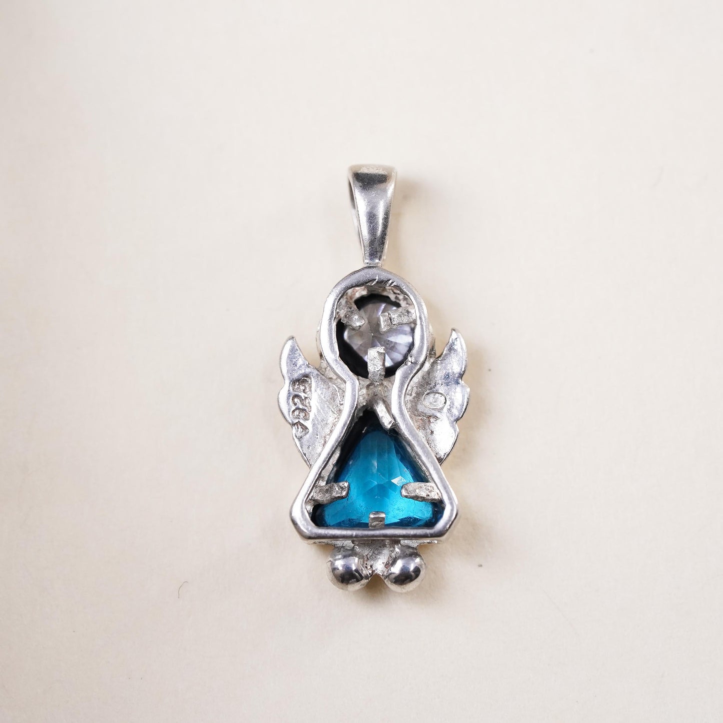 Sterling silver angel charm, 925 pendant with blue crystal inlay